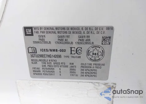 2017 GMC Sierra 1500 Sle z USA, uszkodzony, nr VIN 3GTU2MEC7HG142696